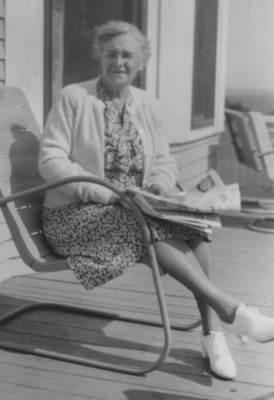 5E Photograph 1948 Cute Old Woman Reading Newspaper Porch Portrait 
