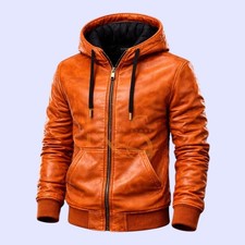 Mens Orange Distressed Style Leather Front Zipper Hoodie Lambskin Leather Hoodie