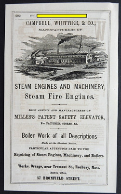 Antique 1869 Ad   Campbell, Whittier & Co Factory Fire Engine, Elevator Roxbury