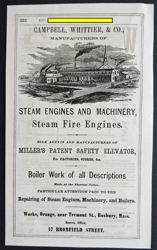Antique 1869 Ad – Campbell, Whittier & Co Factory Fire Engine, Elevator Roxbury
