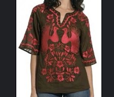 Tory Burch Peacock Embroidered Blouse Top Size 2 Brown Orange 100% Cotton Boho
