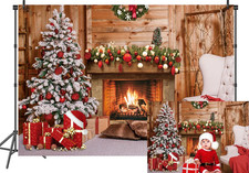 7x5ft Christmas Fireplace Backdrop with Tree and Gifts   Rustic Winter Holiday B