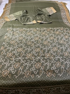Olive Green  Indian Semi Crepe Silk Saree With Stitched Blouse