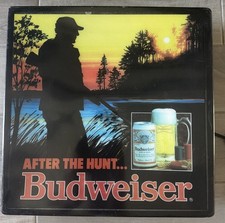 Vintage Budweiser Beer "After The Hunt" Lighted Black Box Sign 18”x18”