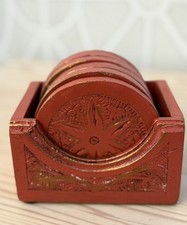 Stylish Set Of 6 Vintage Style Red Wooden Drinks Coasters