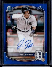 2025 Bowman Chrome Justice Bigbie Auto Blue Refractor 1st Prospect #/150 Tigers