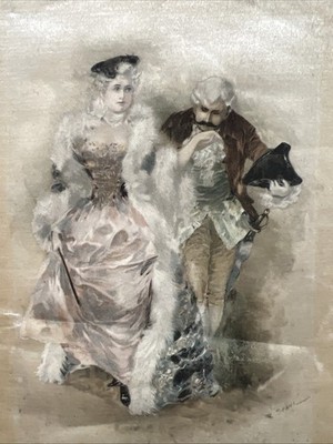 TR Stahl Signed Gouache on Silk Painting Courting Fancy Couple at the Ball, 1900