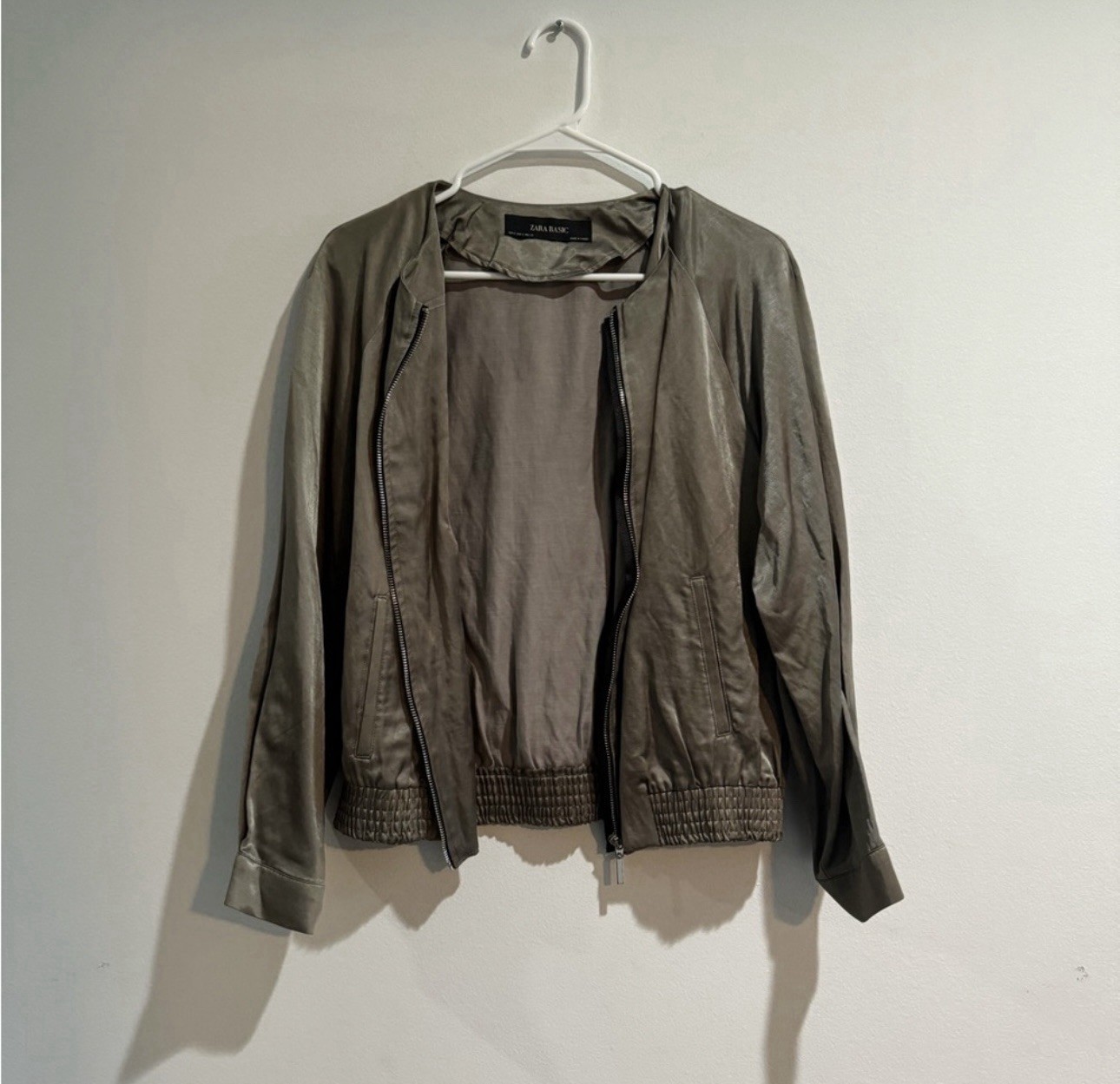 Zara Basic Metallic Satin Bomber Jacket Sage Gree… - image 2