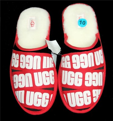 UGG Scuff Fur Lined Logo Script Red Black White Slip-on Slippers Shoes Mn 10 NWT