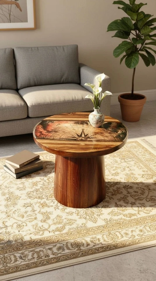 Handmade Clear Compass Theme Resin Teak Coffee Table - Live Edge Round Table,  - Image 4 of 4