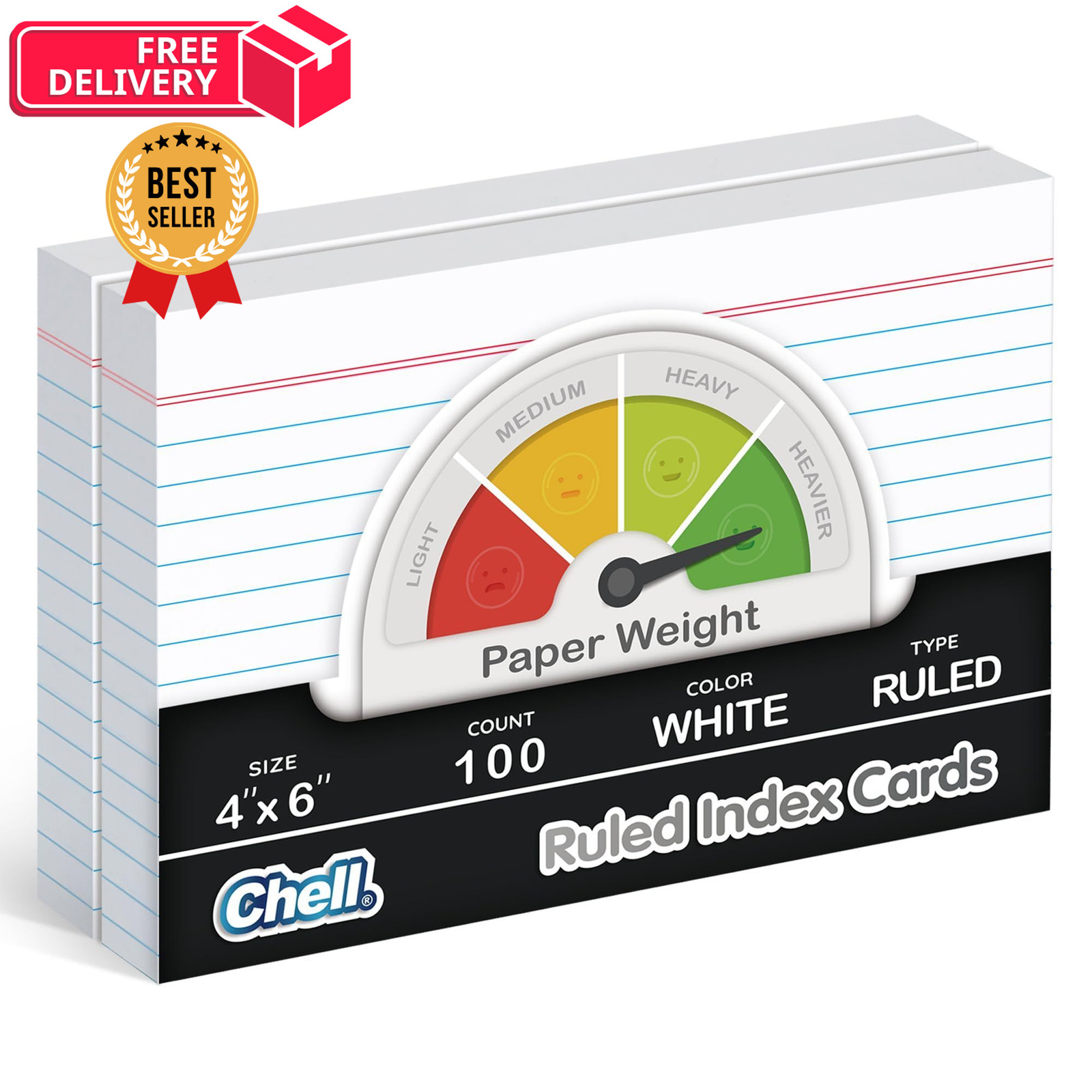 Chell Extra Heavyweight Index Cards 4x6, 100 Count, White Ruled 4"x6",