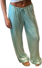 NEW Women  s Sequin Pants Green Loose Sparkly Elastic Waist Wide Leg Sz M