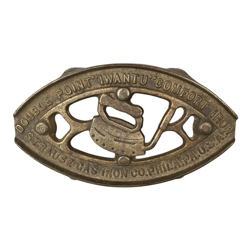 ANTIQUE Cast Iron Trivet "IWANTU" Double Pt Comfort Iron STRAUSE GAS IRON CO.