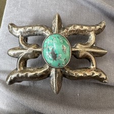 Sweet! Navajo Sand Cast Southwestern Sterling Silver Turquoise Old Belt Buckle