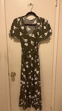 Mango Casual Dress Women 2 Green Floral Short Sleeve Belted Button Maxi