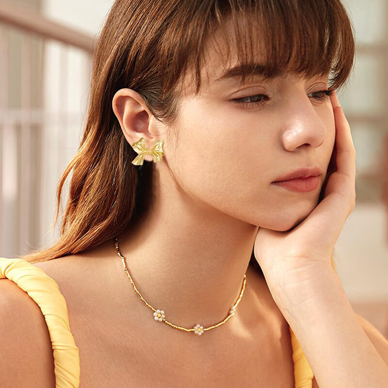 Gold Color Earrings For Women Asymmetry Bow Stud Nail Earring Fashion