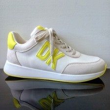 DKNY Women's OAKS LOGO Textile / Faux Leather Sneaker in Stylish Beige / Yellow