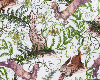 100% Premium Baumwollstoff Little Johnny Ostern Volkskunst Hase mit Farnen