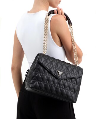 Guess Women's Handbag Shoulder Bag Yaileena Convertible Black Quilted New