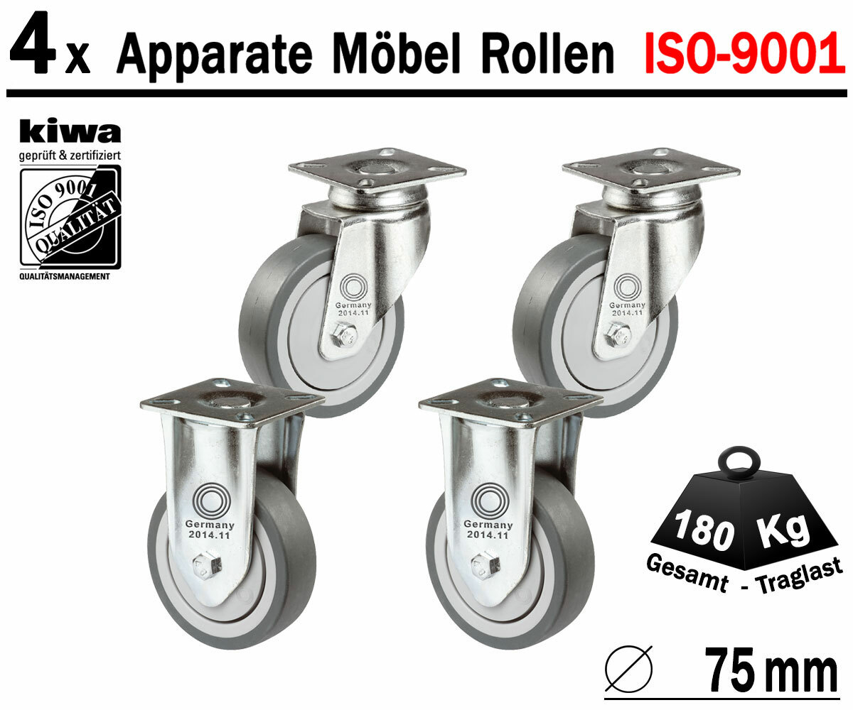 Möbelrollen Apparate Laufrollen Lenk Rollen 4 x Ø 75 mm Le-Bo BS-Rollen Germany