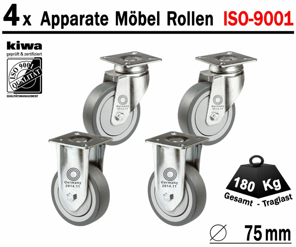 Möbelrollen Apparate Laufrollen Lenk Rollen 4 x Ø 75 mm Le-Bo BS-Rollen Germany
