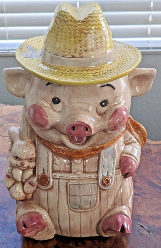 VINTAGE 1960's FARMER PIG W/RABBIT COOKIE JAR BY TREASURE CRAFT MADE IN ...