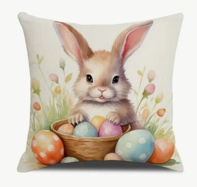 Baby Bunny Easter Eggs Floral Spring Flower Easter Throw Pillow Cover Home Decor