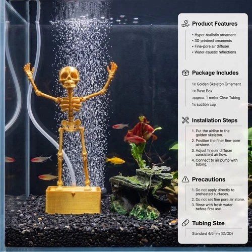 Gold Dancing Skeleton Aquarium Bubbler Air Stone Fish Tank Halloween Ornament - Picture 3 of 5