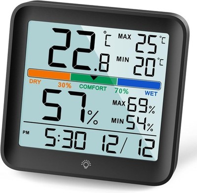 Raumthermometer Hygrometer Digital Innen Temperatur Luftfeuchtigkeit Messgerät mit Uhr