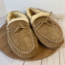LL Bean Brown Suede Wicked Good Shearling Lined Moccasin Slippers Men's Size 9