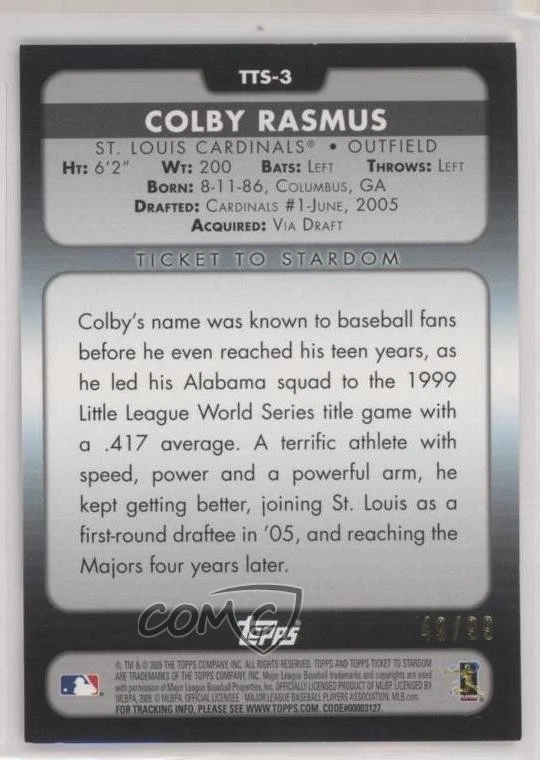2009 Topps Ticket To Stardom Ticket to Stardom Blue /99 Colby Rasmus #TTS-3 - Image 2 of 2