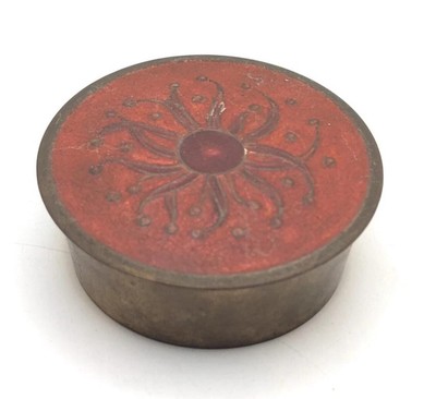 Vintage Red Brass Small Trinket Jewelry Pill Box Ornate Moroccan Aztec Tooth