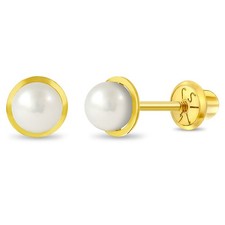 14k Yellow Gold Girl's White Cultured Pearl Bezel Set Screw Back Earring Studs