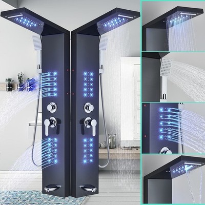 Black Stainless Steel LED Shower Panel Tower System w/Rainfall Massage Body Jets