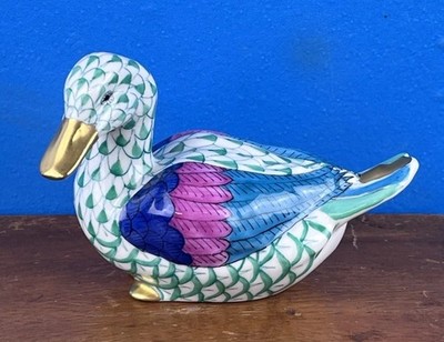 Vintage Herend Hungary Multi-Color Green Fishnet Duck Figurine 24K Gold 4 