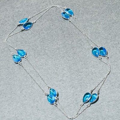 Faceted Swiss Blue Topaz Pear Shape Gemstone Chain Jewelry Handmade Necklace 36''