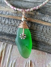 Green Sea Glass Necklace Surf Tumbled Dainty Sweet Girl Woman teen Hawaii Pink