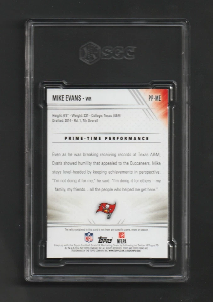 2014 Topps Prime MIKE EVANS RC ~ Tampa Bay ~ RARE Rainbow Relic #/10 ~ SGC 9 MT! - Image 2 of 2