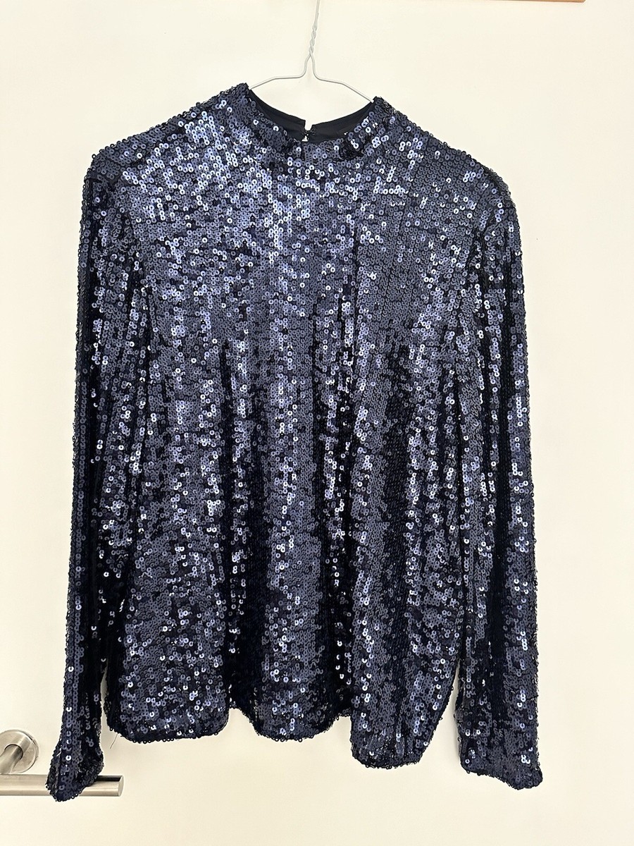 High Neck Navy Blue Sequin Top Whistles Blue Sequin Top Size UK