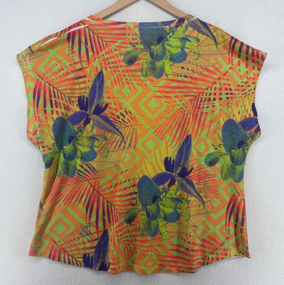 GUY HARVEY Top Womens L Floral Abstract Boxy Dolman Short Sleeve Orange USA - Image 3 of 4