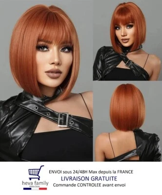 Perruque Carré Femme Rousse Coupe Courte Cheveux Lisse Synthétique Wig Frange