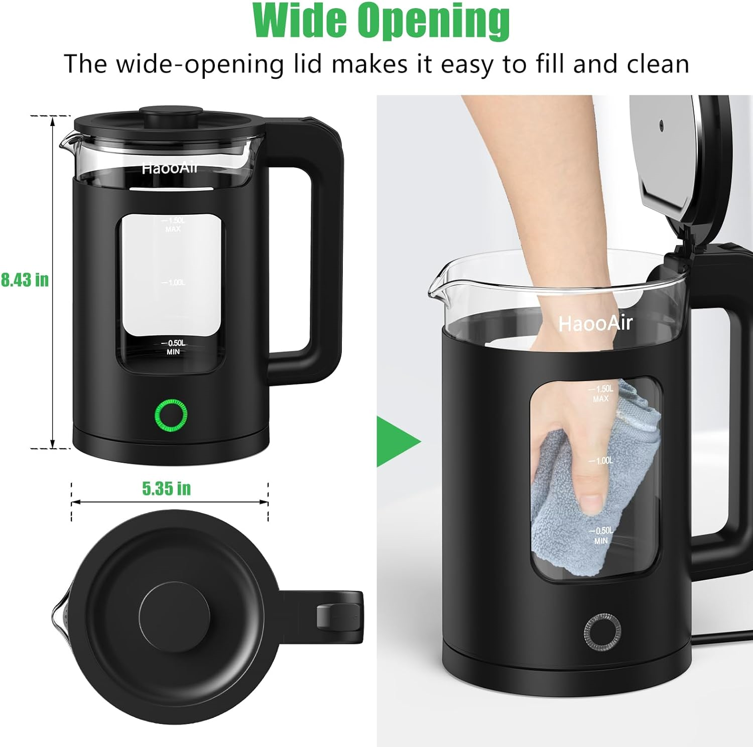 Haooair Electric Kettle, 1.5 Liter Fast Boil Quiet Glass Kettle with