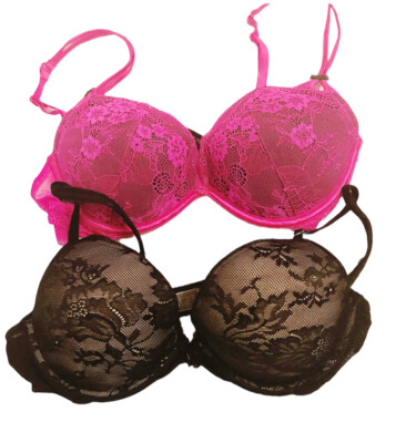 2X Body By Victoria's Secret Size 34C Black Pink  Push Up Lace Underwire Bras