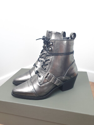 All Saints Katy Leather Ankle Boots 38 RRP £229 lace up silver biker  western UK