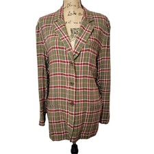 Linea Women's Vintage Plaid Relaxed Blazer Jacket Dark Academia Olive Size Large