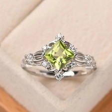 2.50Ct Princess Cut Lab Created Green Peridot Vintage Ring 14K White Gold Plated