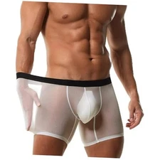 Men's Boxer Brief Underwear Ice Silk Mesh See Through Underpants Large White