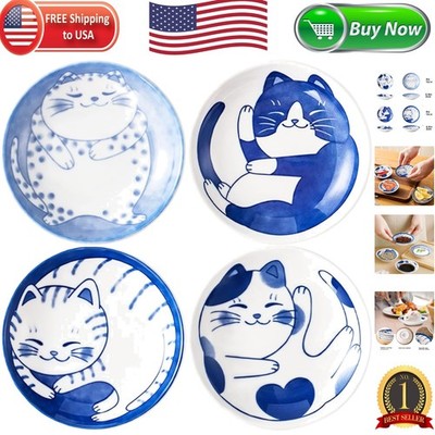 Cute 4-Piece Ceramic Cat Appetizer Plates - Kawaii Snack and Dipping Bowls