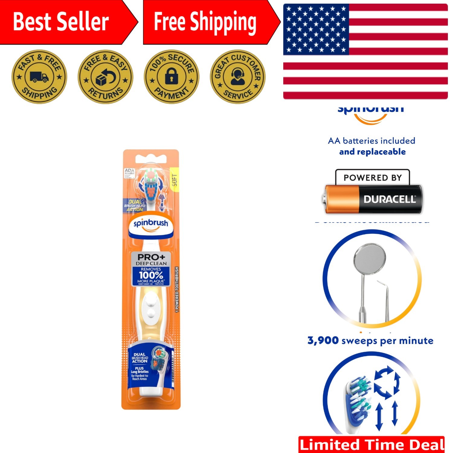 Pro+ Battery-Powered Toothbrush with Color Wear Indicators f