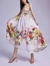 KAREN MILLEN X Rui Jiang Silk Cotton Wild Rose Garden Deep V Neck Maxi Dress 6